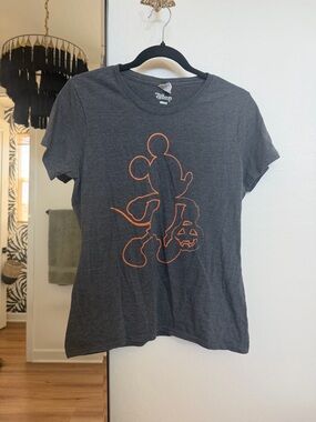 Disney Charcoal Gray Short Sleeve Tee with Orange Mickey Pumpkin Outline